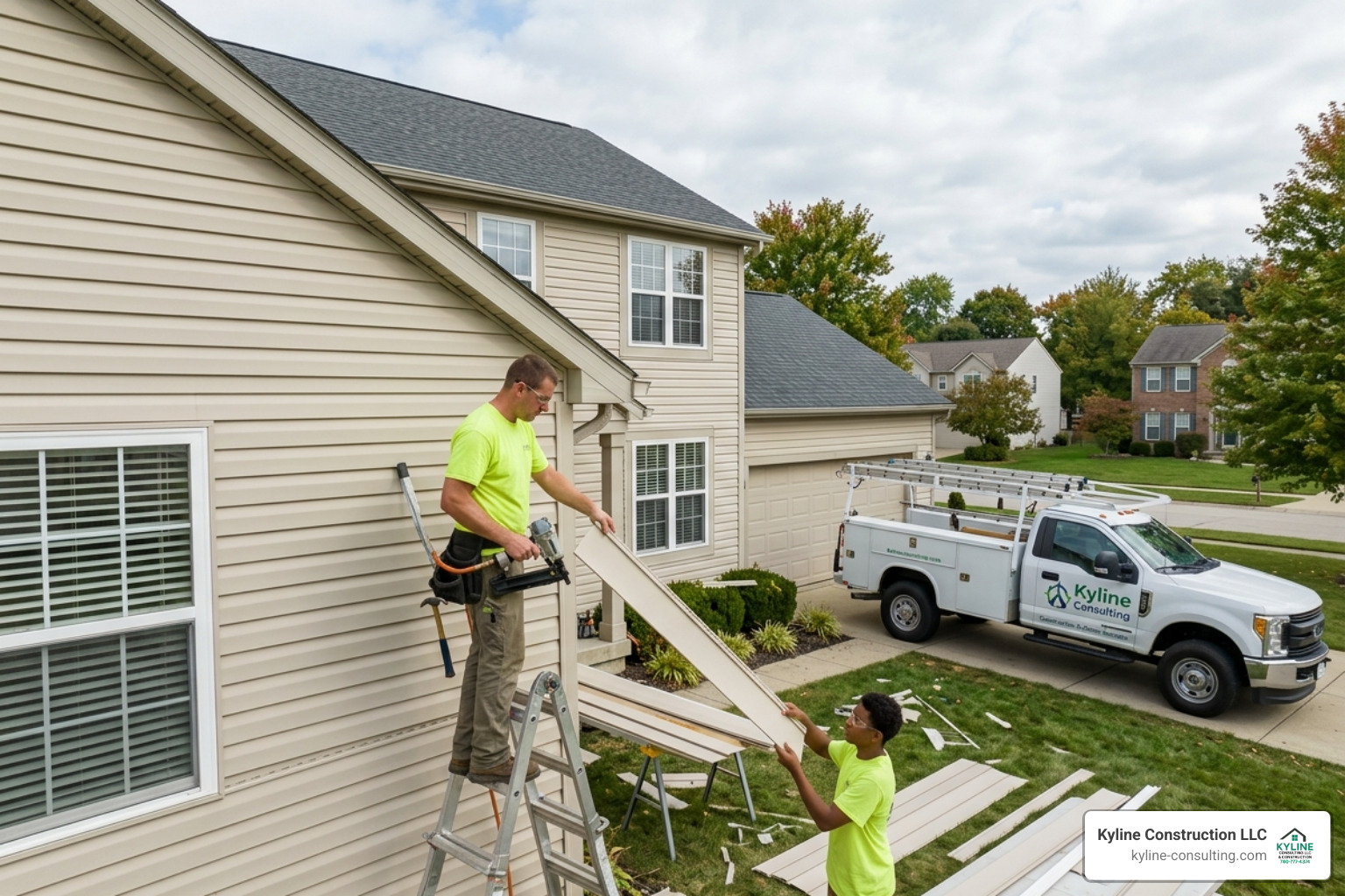 Professional contractor installing vinyl siding on a residential home in Central Ohio service truck in background Kyline