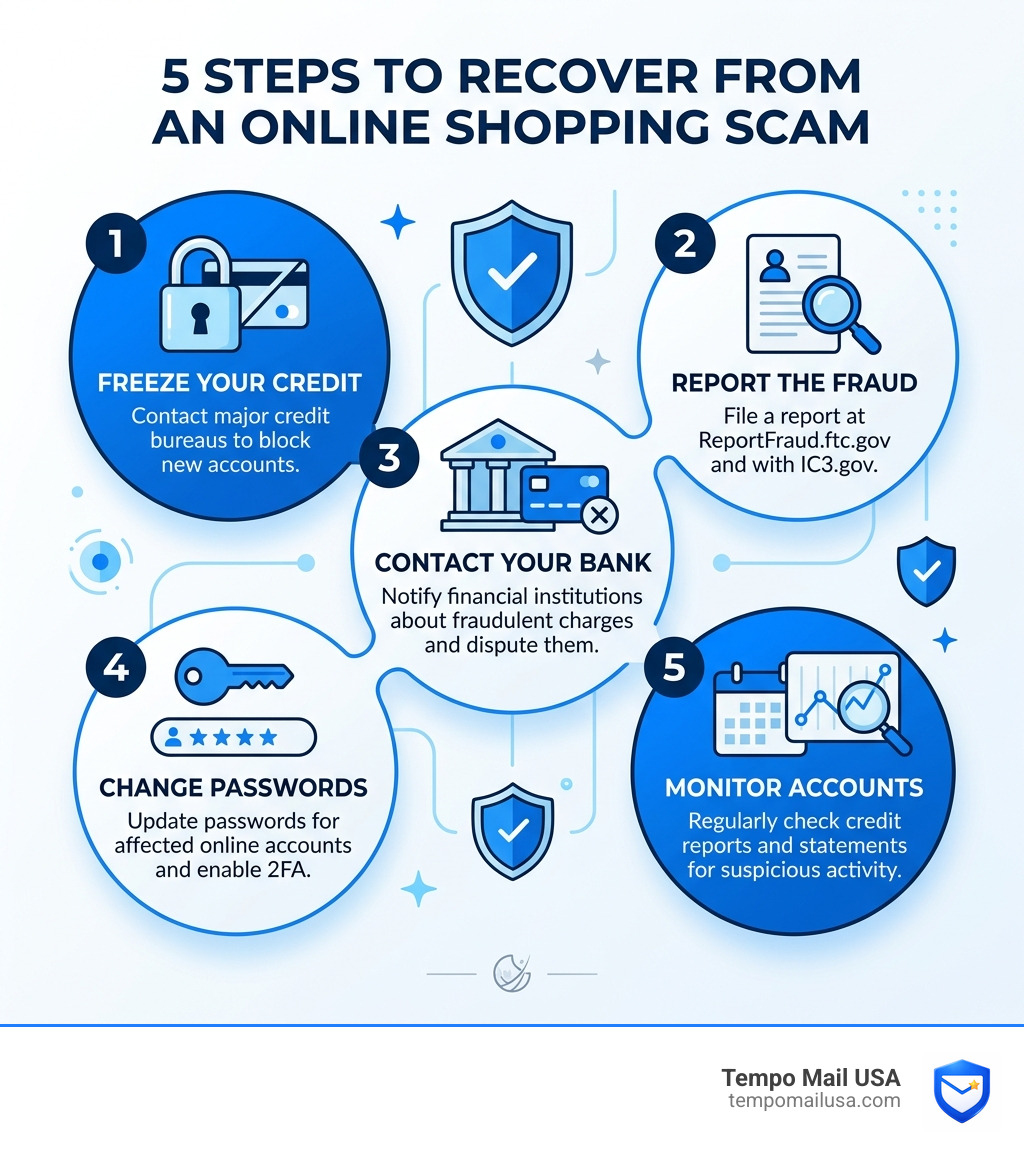 Infographic showing 5 steps to recover from an online shopping scam including credit freeze and FTC reporting - nfeeds scam Infographic showing 5 steps to recover from an online shopping scam including credit freeze and FTC reporting - nfeeds scam