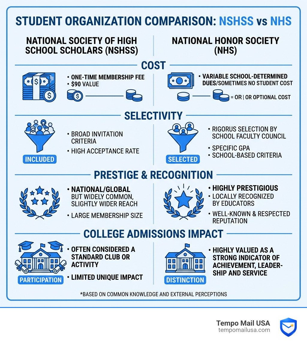 Infographic comparing NSHSS vs NHS on cost selectivity prestige and college admissions impact - nshss scam infographic Infographic comparing NSHSS vs NHS on cost selectivity prestige and college admissions impact - nshss scam infographic