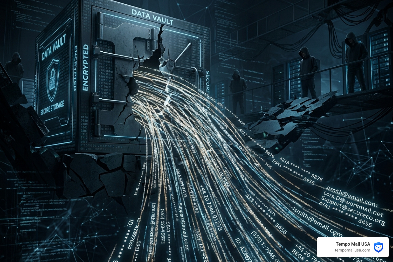 Data breach visualization showing credit card numbers and personal info leaking into the dark web - nfeeds scam Data breach visualization showing credit card numbers and personal info leaking into the dark web - nfeeds scam