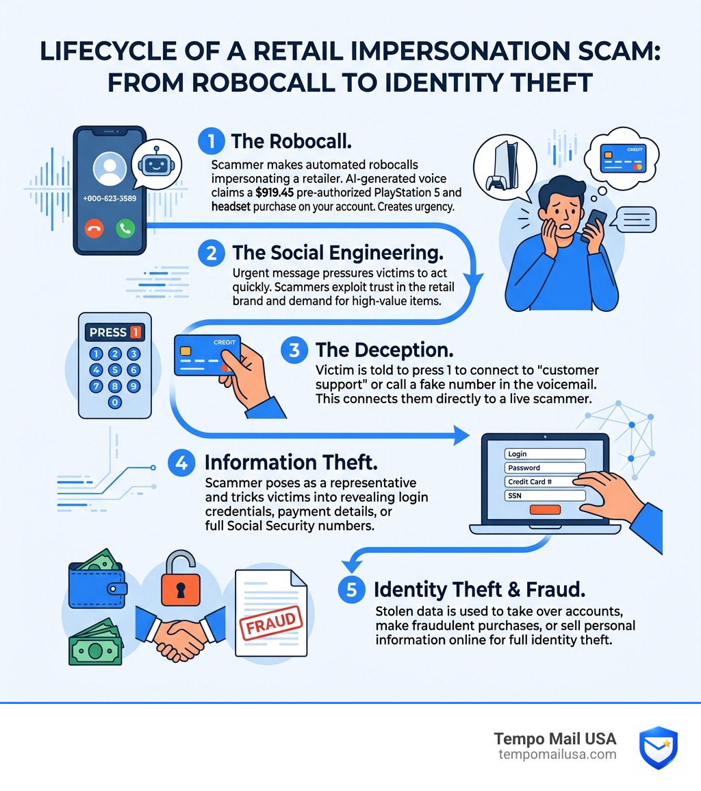 Lifecycle of a retail impersonation scam from robocall to identity theft - walmart playstation scam infographic Lifecycle of a retail impersonation scam from robocall to identity theft - walmart playstation scam infographic