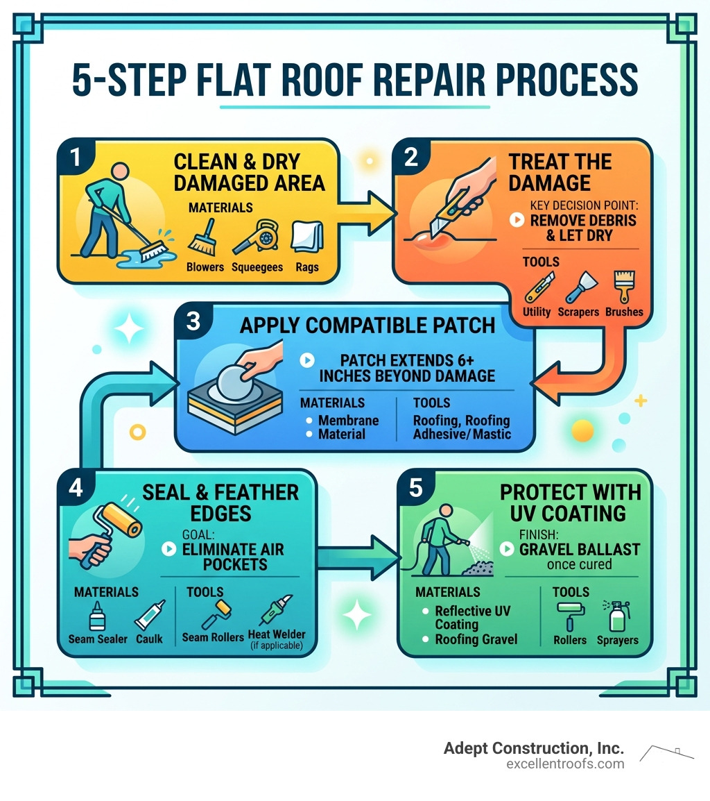 5-step flat roof repair process infographic with materials, tools, and decision points - flat roof repair infographic 