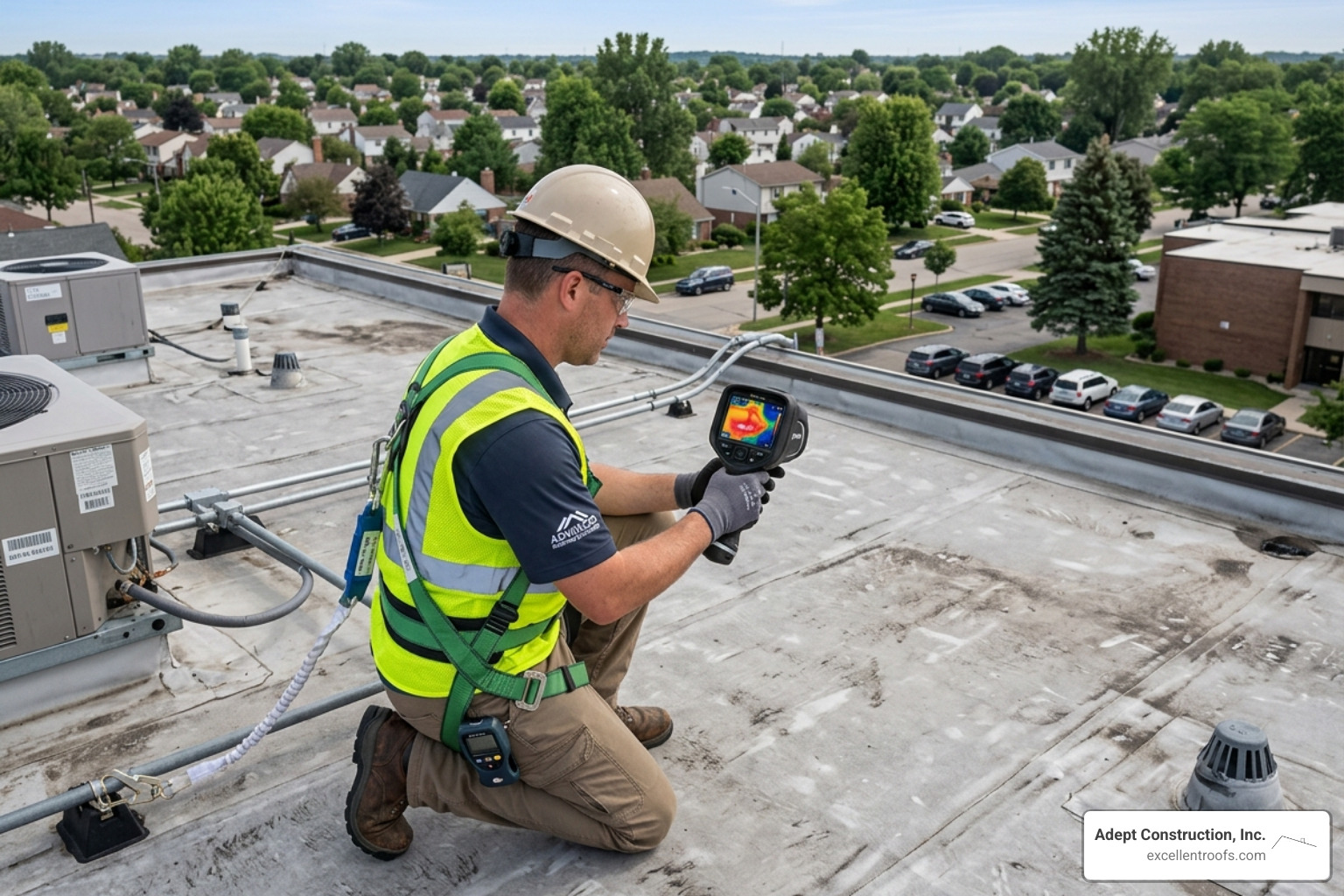 technician using infrared thermography to find moisture - flat roof repair