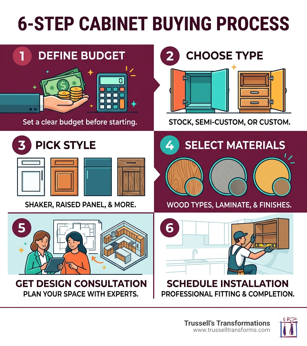 6-Step Cabinet Buying Process: Define Budget, Choose Type, Pick Style, Select Materials, Get Design Consultation, Schedule