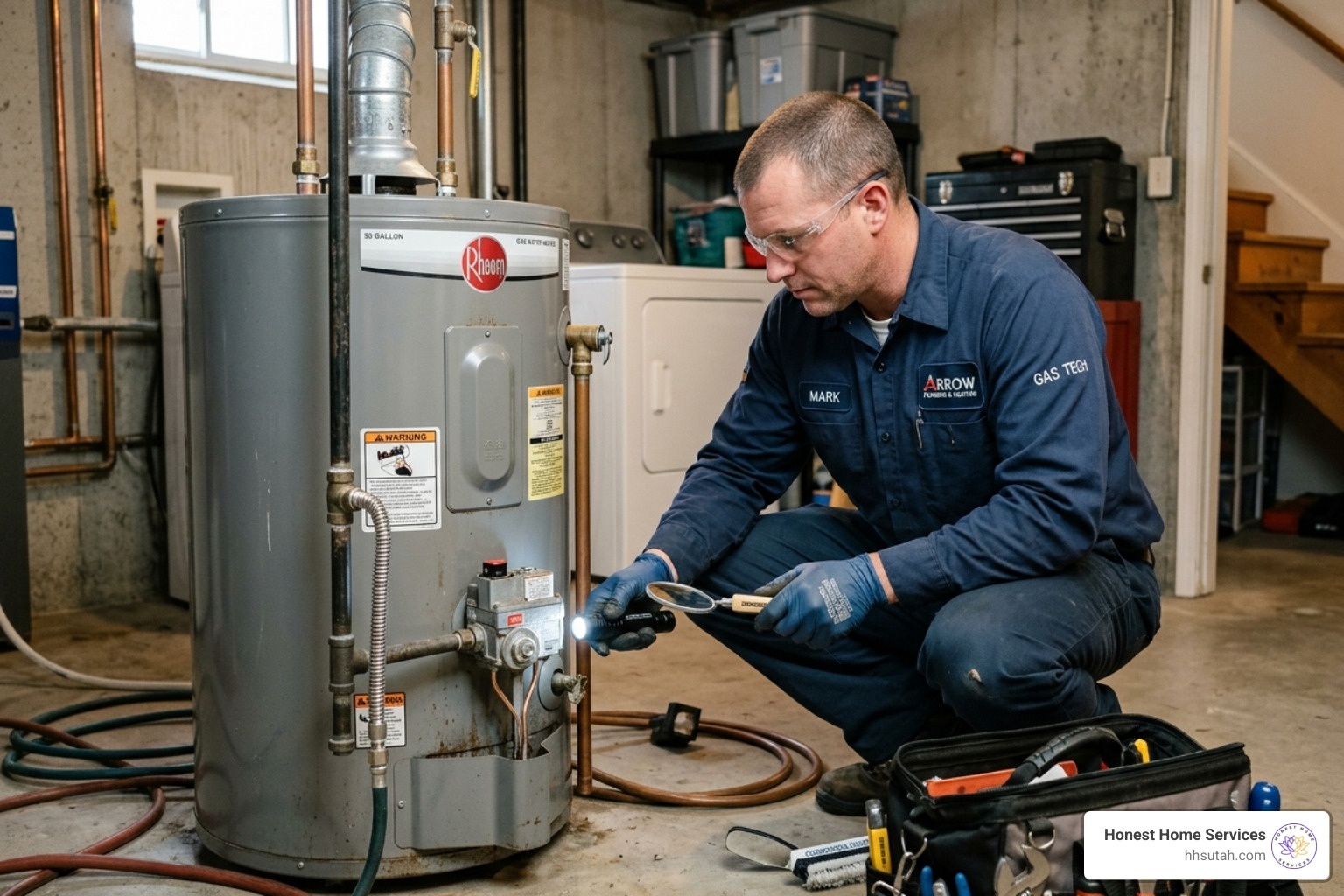 technician inspecting a residential gas water heater for corrosion and leaks - gas water heater service near me technician inspecting a residential gas water heater for corrosion and leaks - gas water heater service near me