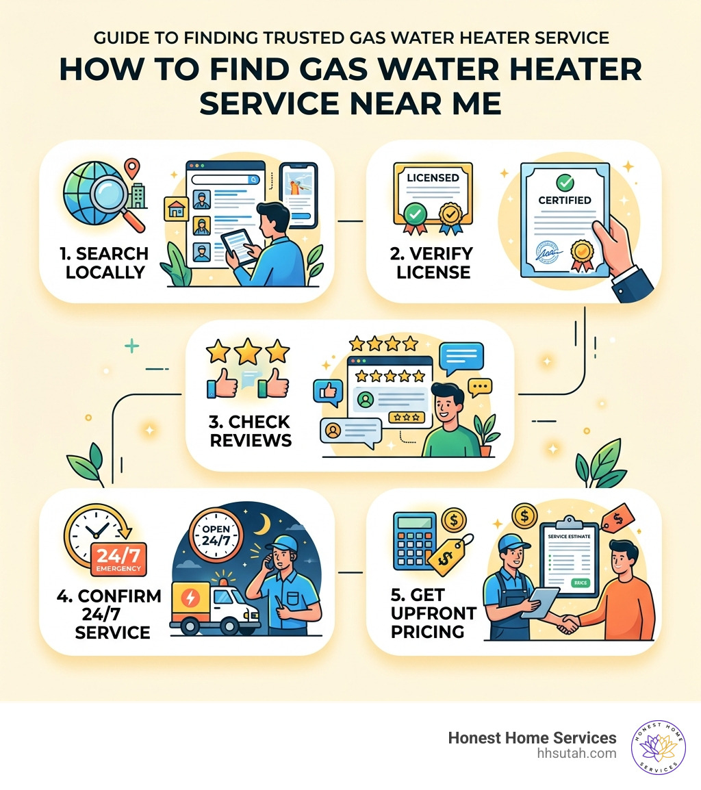 infographic showing how to find gas water heater service near me: search local, verify license, check reviews, confirm 24/7 infographic showing how to find gas water heater service near me: search local, verify license, check reviews, confirm 24/7