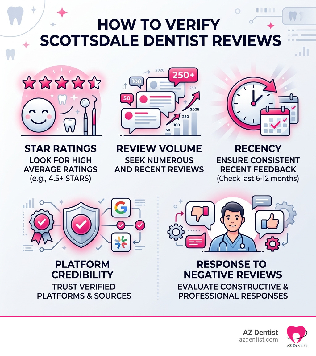 Infographic: How to verify Scottsdale dentist reviews - check star ratings, review volume, recency, platform credibility