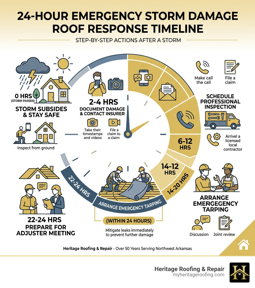 Step-by-step infographic showing the 24-hour emergency storm damage roof replacement response timeline - storm damage roof