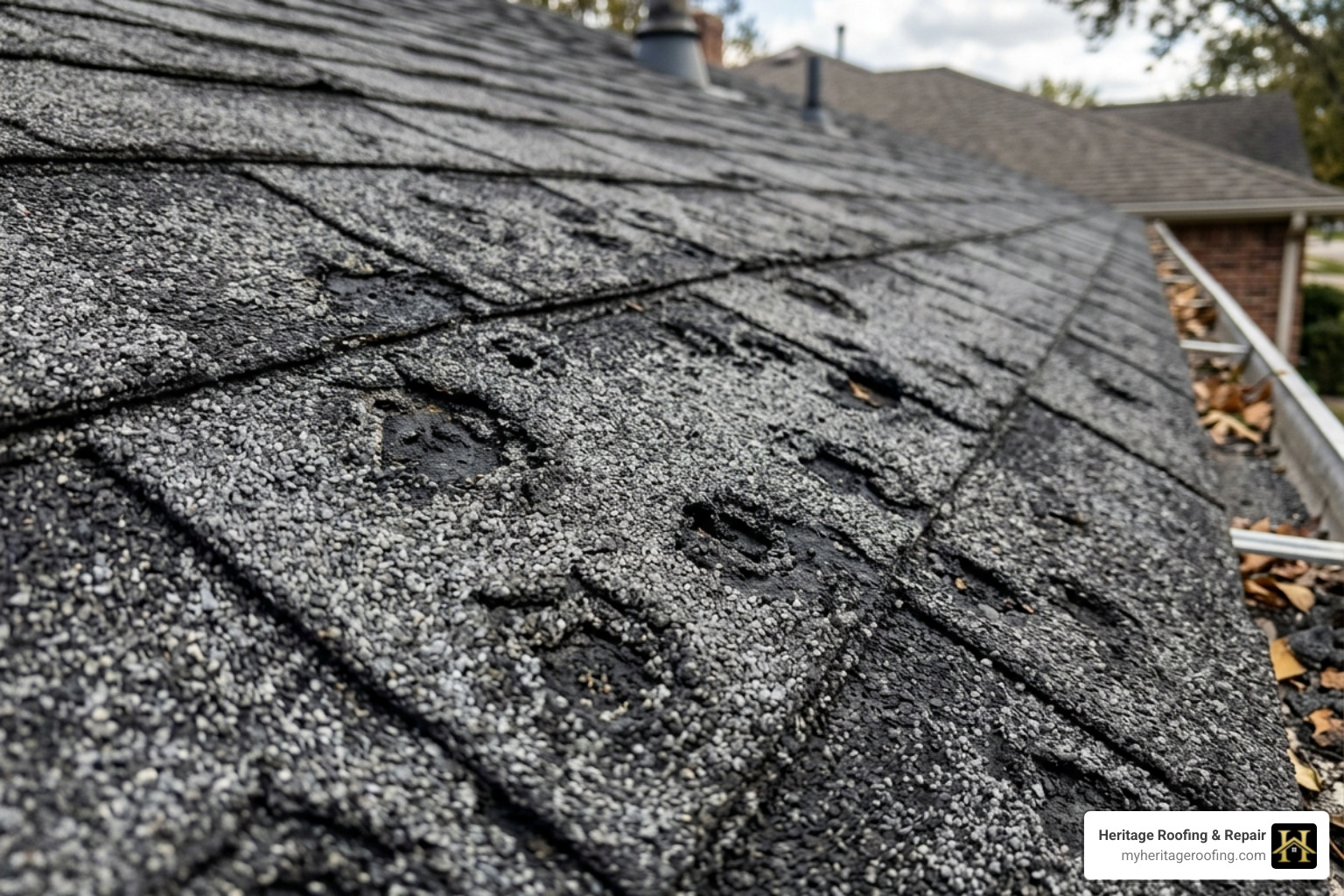 Close-up of hail-damaged asphalt shingles showing heavy granule loss - storm damage roof replacement