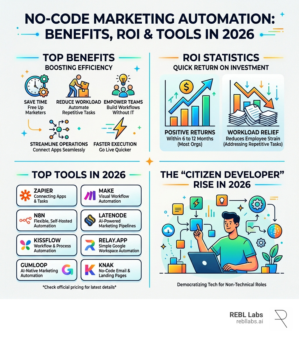 Infographic showing no-code marketing automation benefits ROI statistics and top tools in 2026 - No code marketing Infographic showing no-code marketing automation benefits ROI statistics and top tools in 2026 - No code marketing