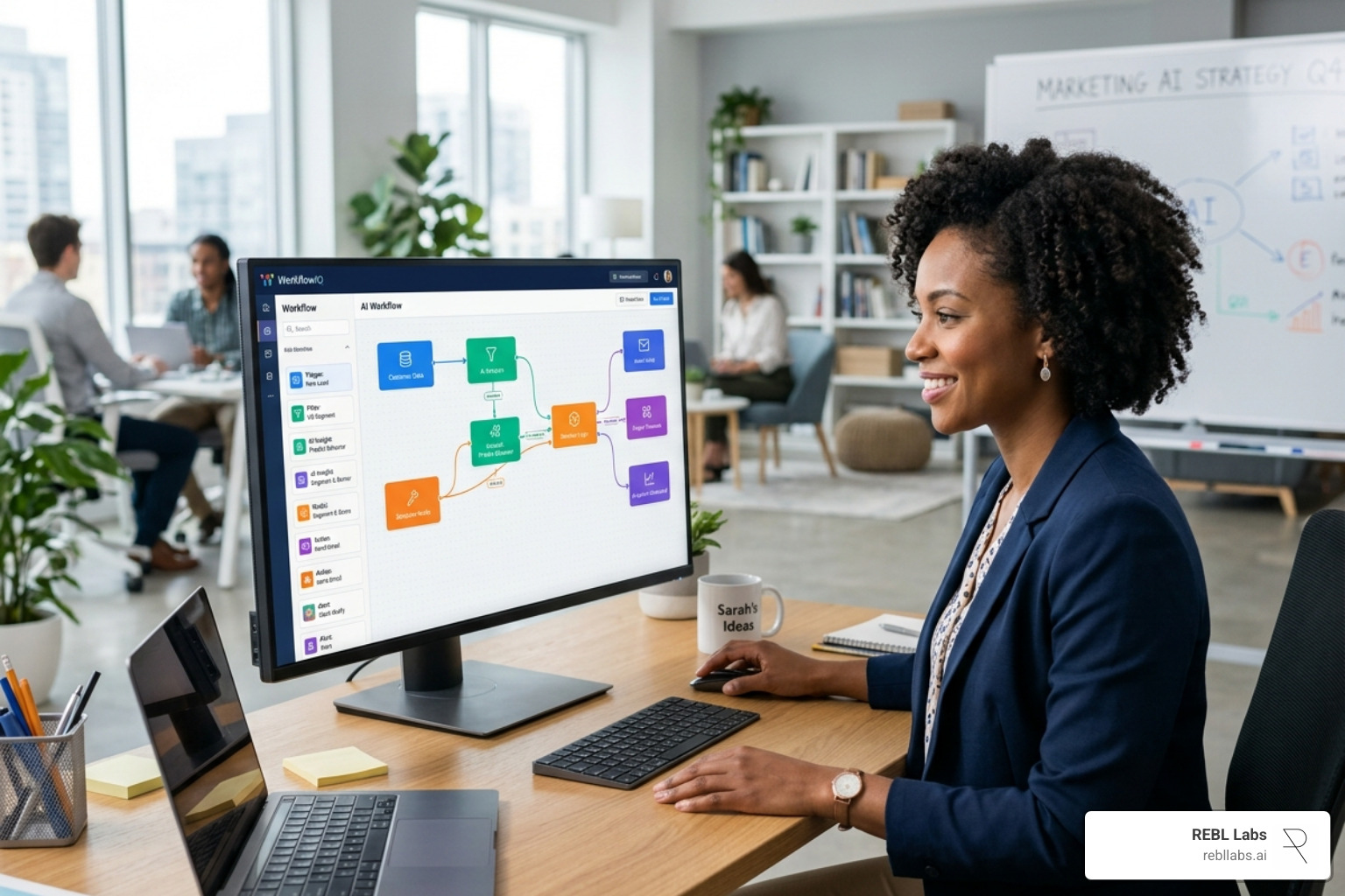 Marketer building an AI workflow using a visual drag and drop interface - No code marketing automation Marketer building an AI workflow using a visual drag and drop interface - No code marketing automation