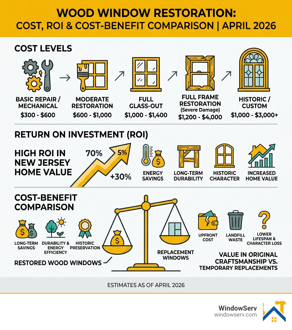 Infographic showing wood window restoration cost levels, ROI, and cost-benefit comparison for April 2026 - cost to restore