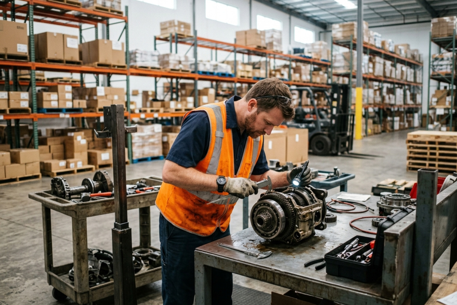 technician in a high visibility vest inspecting a mechanical component at a workstation - reverse logistics technician in a high visibility vest inspecting a mechanical component at a workstation - reverse logistics