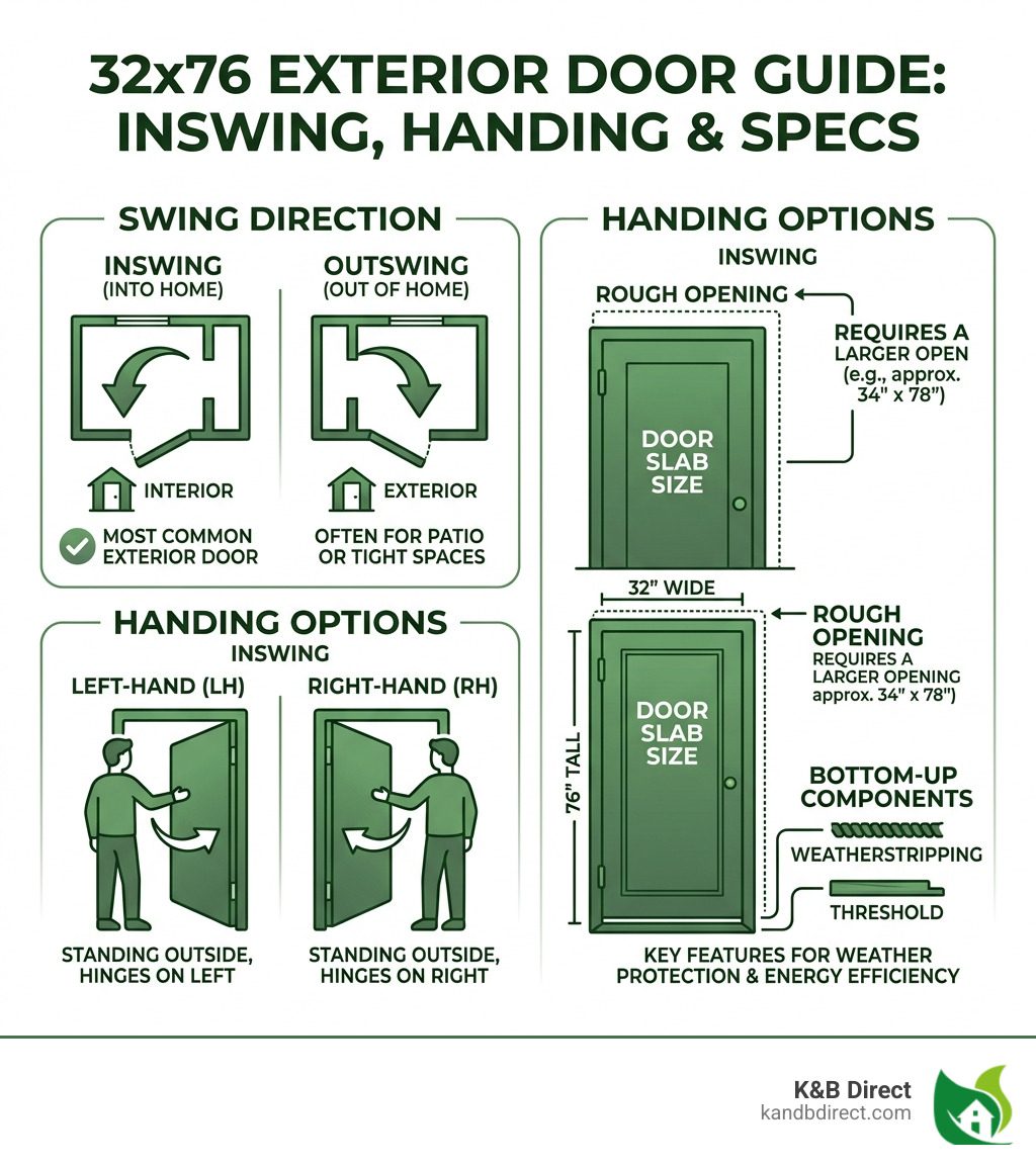 Infographic showing inswing vs outswing door directions, handing options, and 32x76 key specs - 32 x 76 exterior door