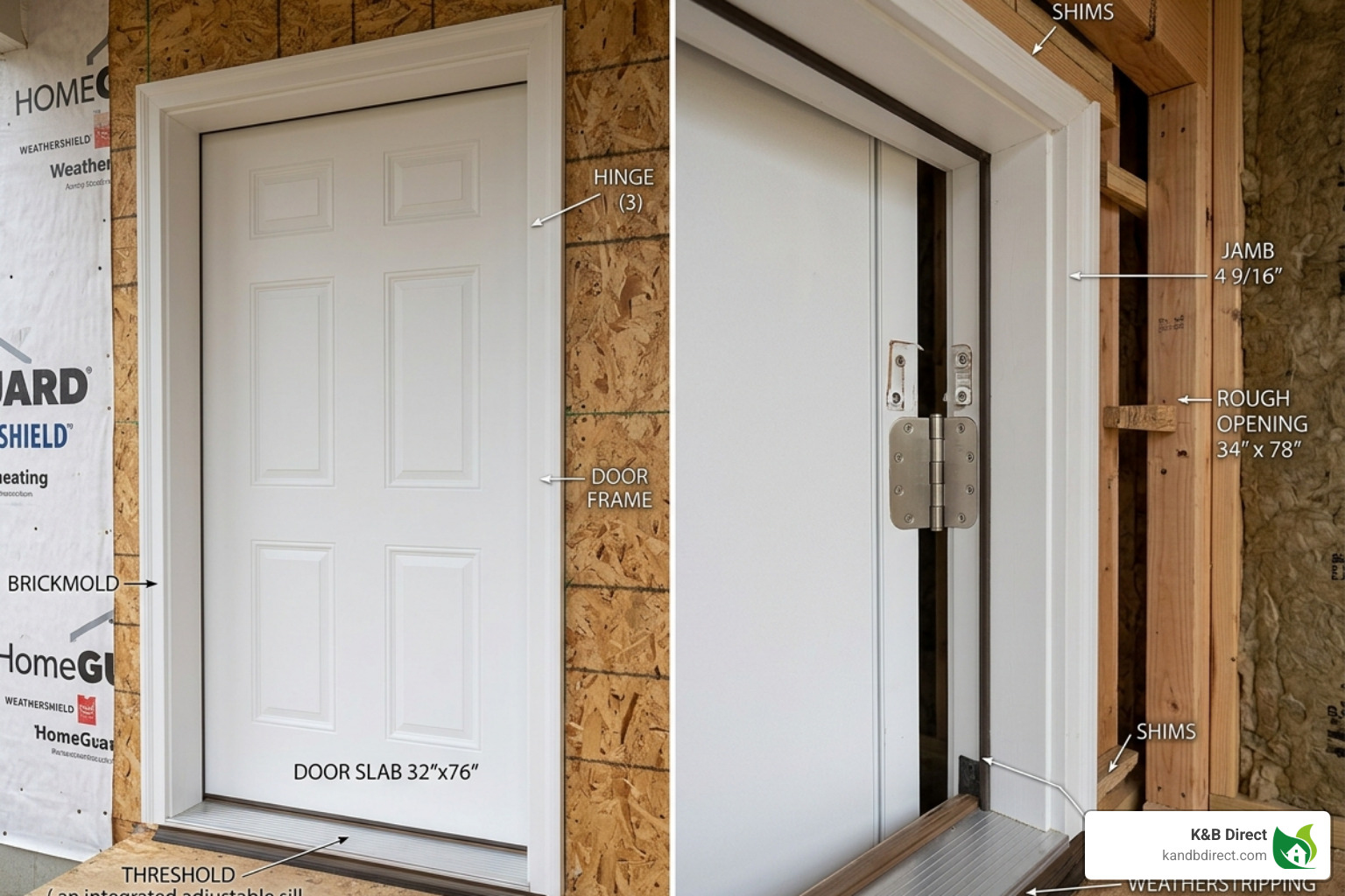 Prehung door frame showing the components of a 32x76 unit - 32 x 76 exterior door inswing