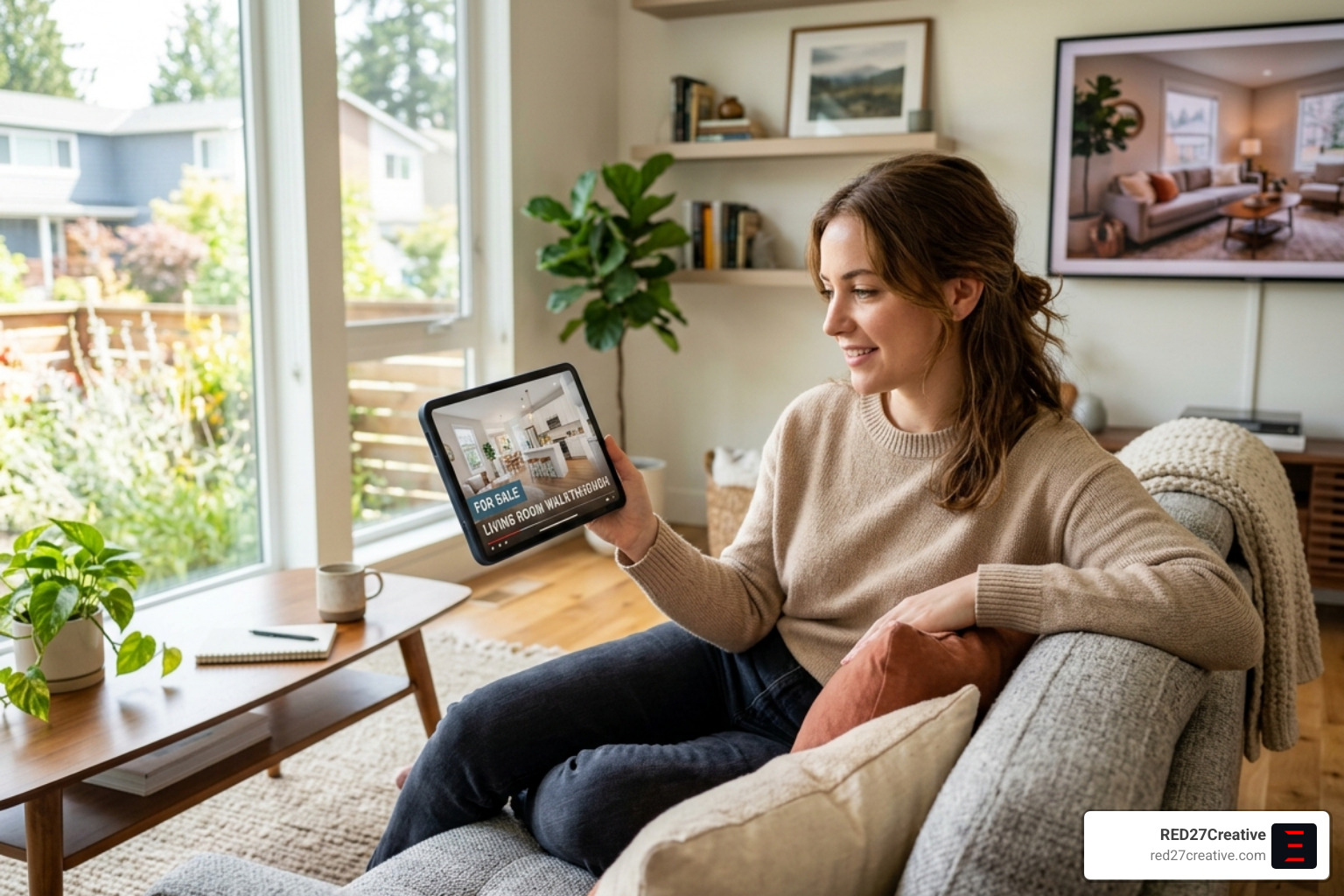 Homebuyer viewing a property video on a smartphone in a modern living room - real estate promotional video Homebuyer viewing a property video on a smartphone in a modern living room - real estate promotional video