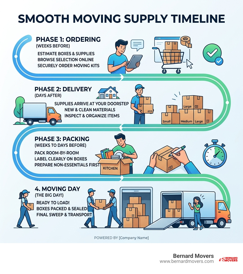 Moving supply timeline infographic showing ordering, delivery, packing, and moving day steps - moving box delivery Moving supply timeline infographic showing ordering, delivery, packing, and moving day steps - moving box delivery