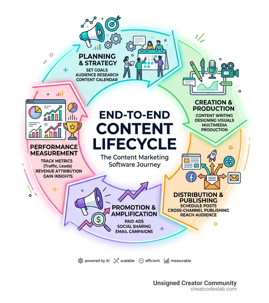 End-to-end content lifecycle from planning and strategy through creation, distribution, and performance measurement