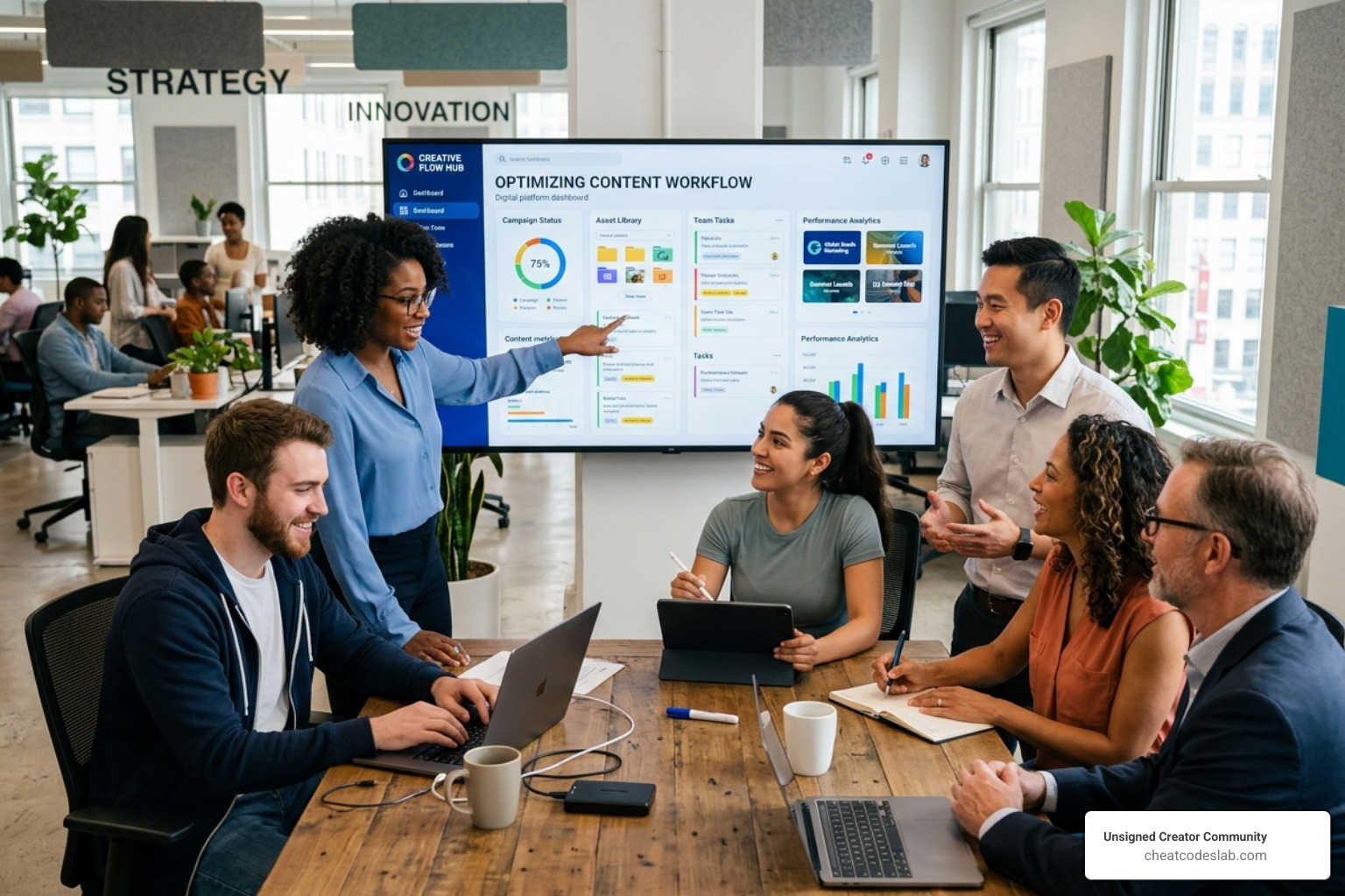 A creative marketing team collaborating on a digital content platform to optimize their workflow - content marketing software