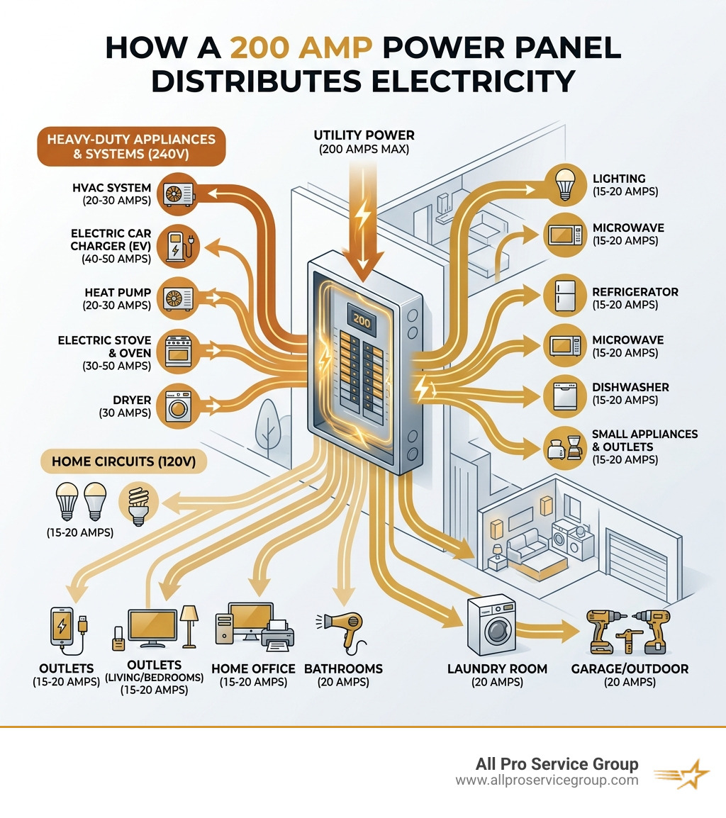 Infographic showing how a 200 amp panel distributes power to modern home appliances and circuits - 200 amp power panel