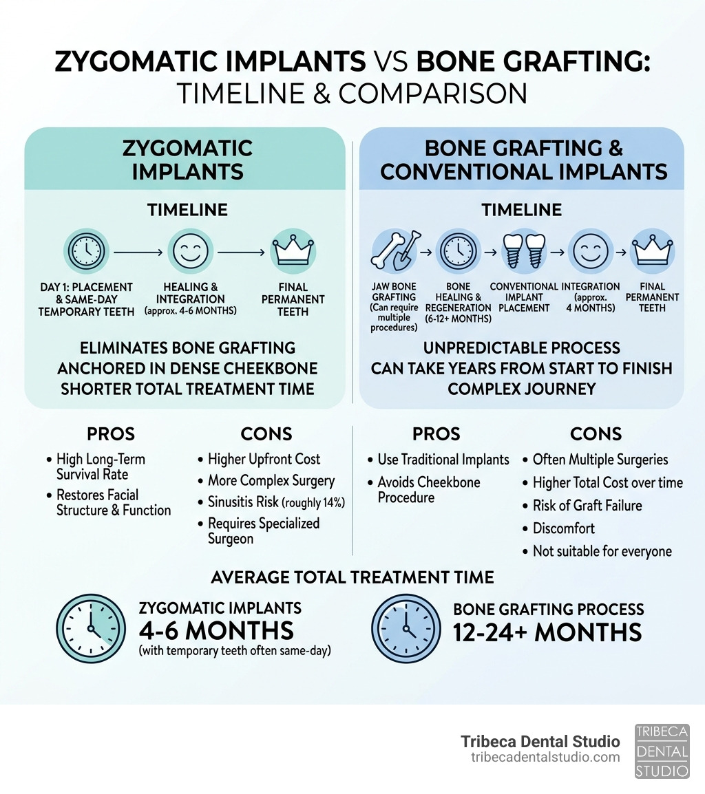 Zygomatic implants vs bone grafting timeline and pros cons comparison infographic - zygomatic implants pros and cons