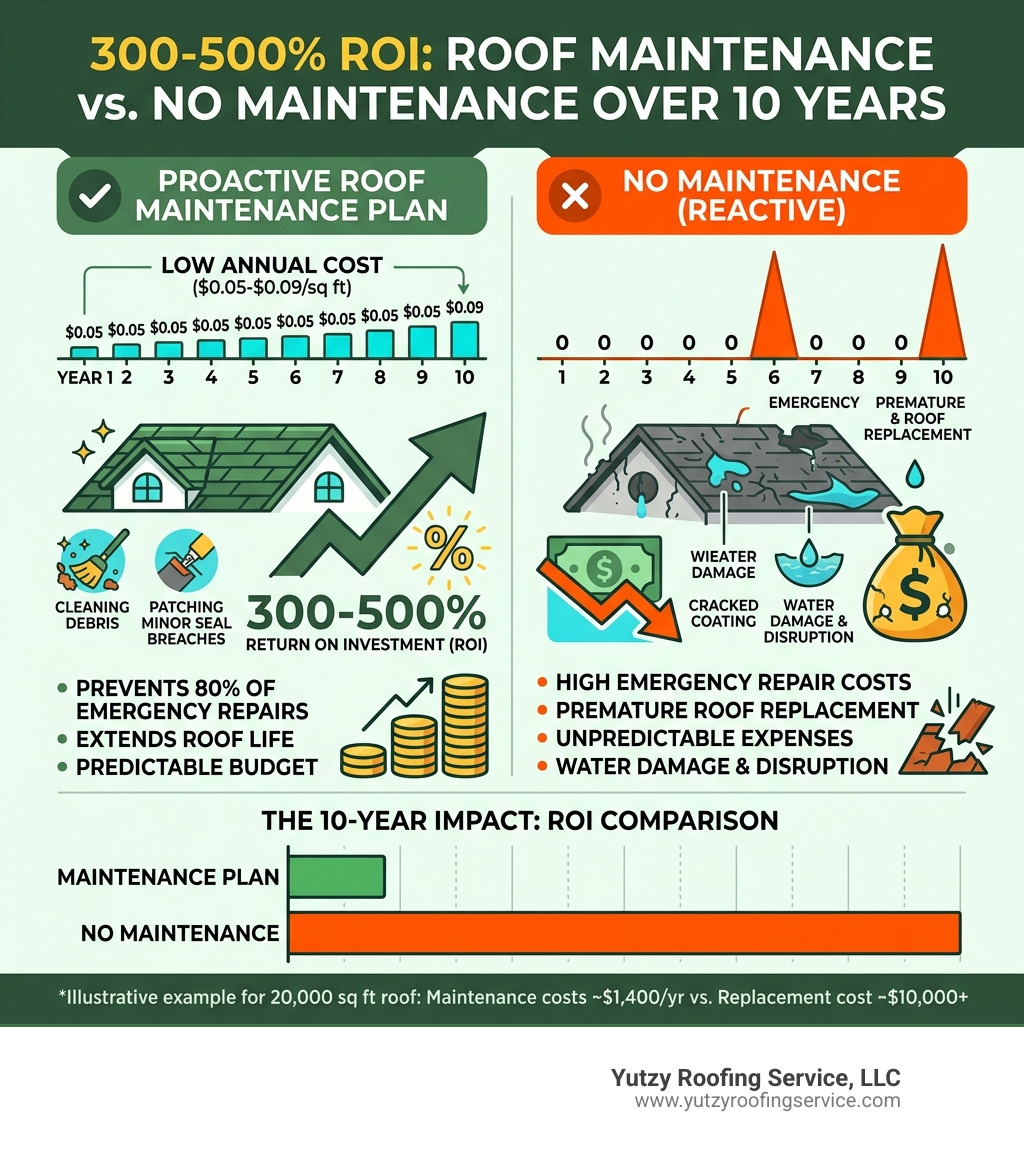 Infographic showing 300-500% ROI of proactive roof maintenance vs. no maintenance over 10 years - roof maintenance plan cost Infographic showing 300-500% ROI of proactive roof maintenance vs. no maintenance over 10 years - roof maintenance plan cost