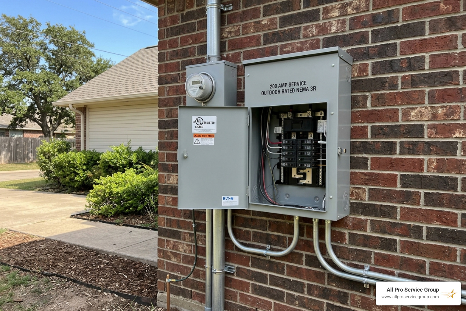 Outdoor-rated NEMA 3R electrical enclosure mounted on a brick wall - 200 amp power panel