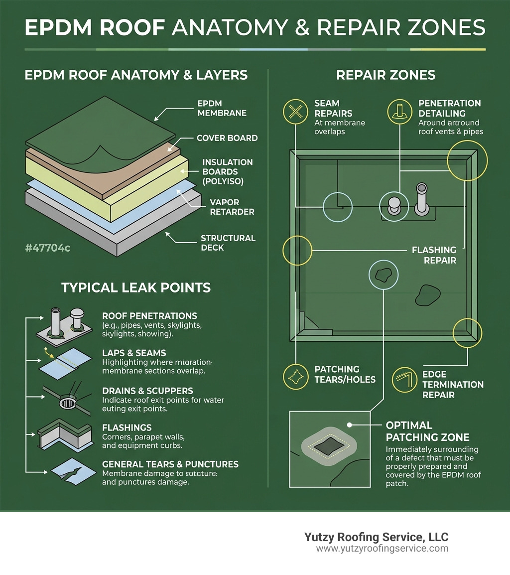 EPDM roof anatomy showing common leak points membrane layers and repair zones - epdm roof patch infographic EPDM roof anatomy showing common leak points membrane layers and repair zones - epdm roof patch infographic