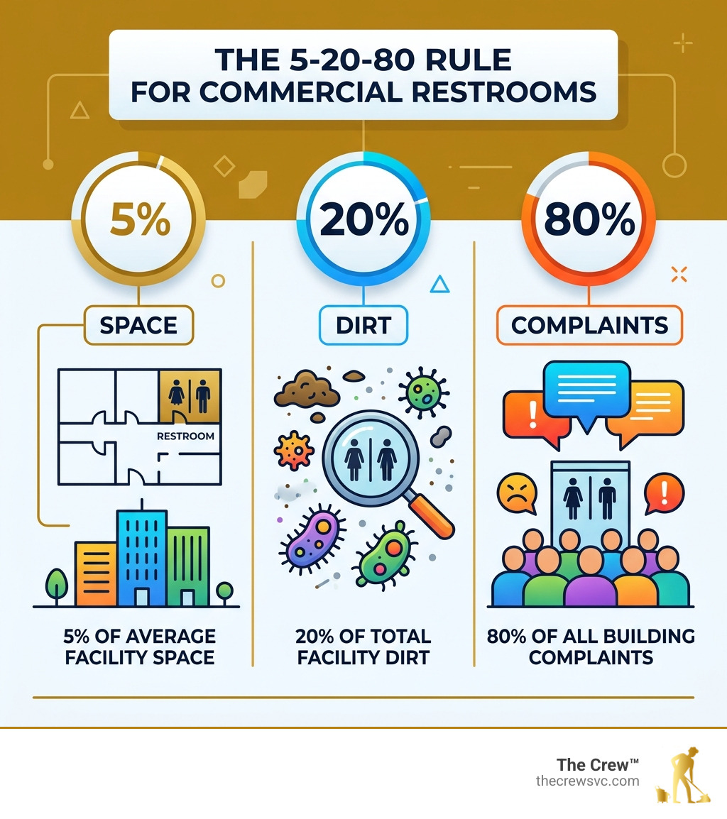 Infographic showing the 5% space, 20% dirt, 80% complaints rule for commercial restrooms - commercial restroom cleaning
