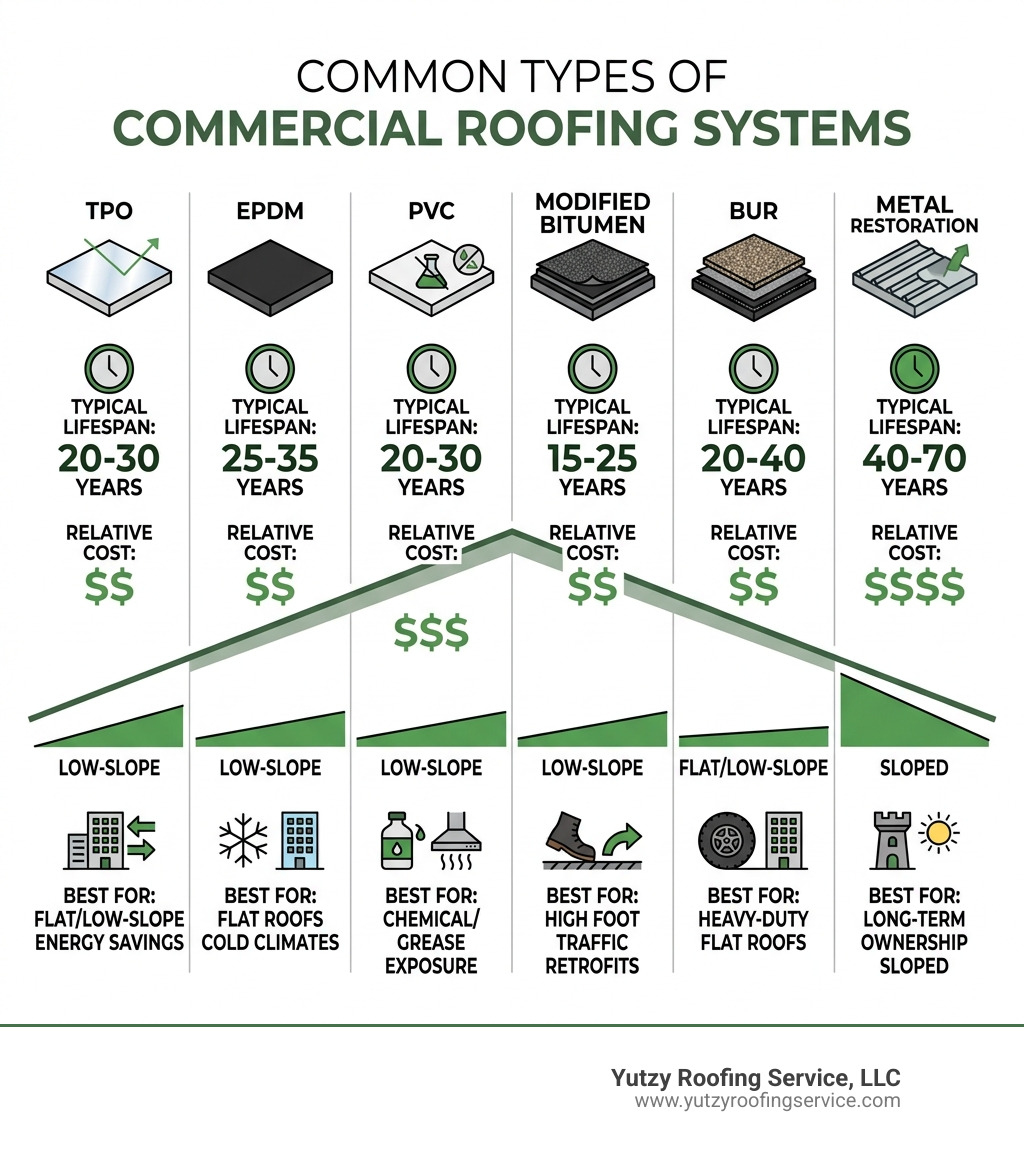 infographic showing common types of commercial roofing systems with lifespan, cost, and slope suitability - types of infographic showing common types of commercial roofing systems with lifespan, cost, and slope suitability - types of