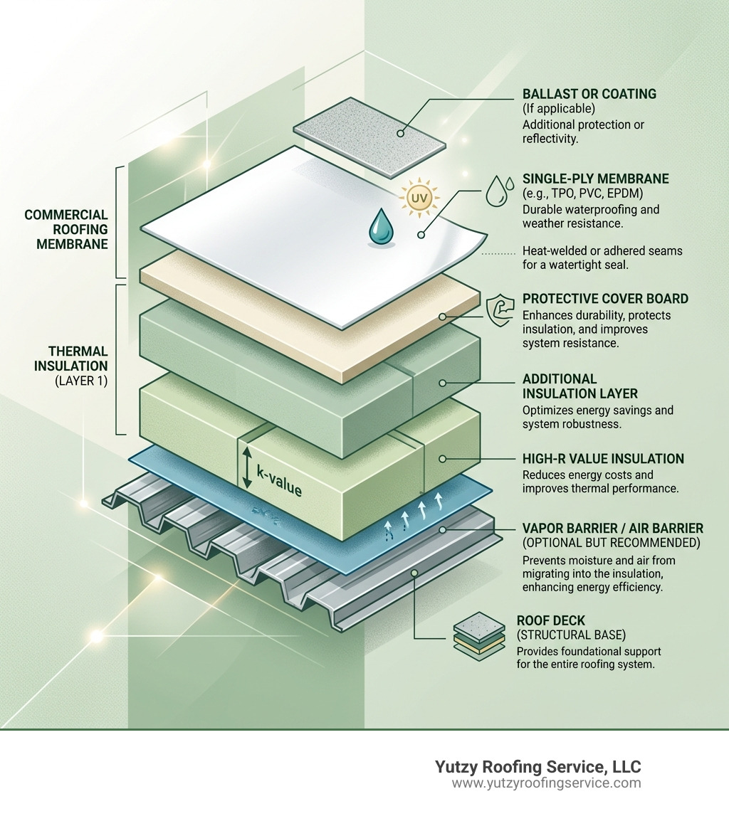 Layers of a high-performance commercial roofing system from deck to membrane - commercial roof installation infographic Layers of a high-performance commercial roofing system from deck to membrane - commercial roof installation infographic