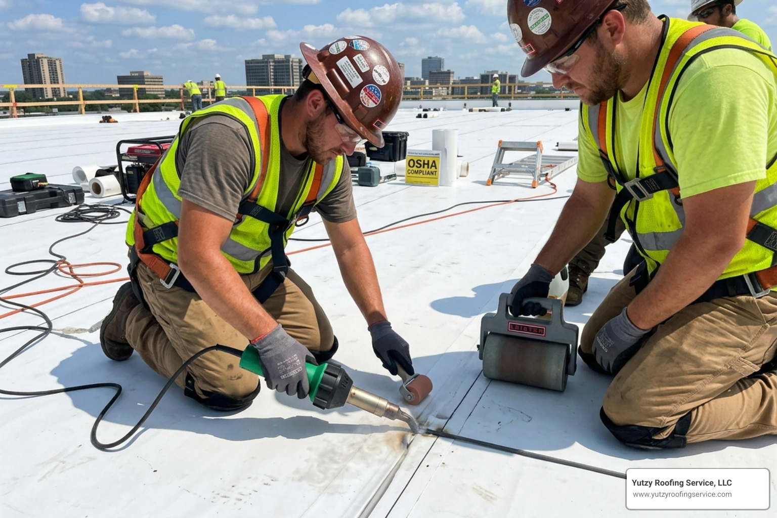 professional roofers heat-welding TPO seams - commercial roof installation professional roofers heat-welding TPO seams - commercial roof installation