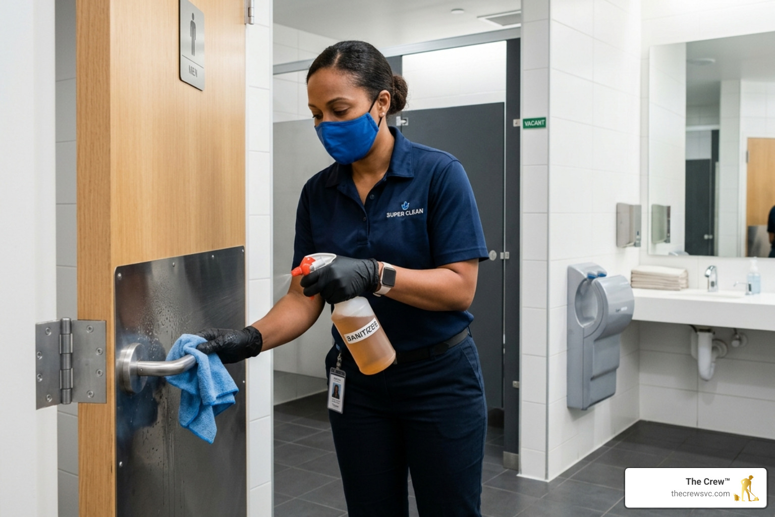 Professional cleaner sanitizing a high-touch door handle - commercial restroom cleaning