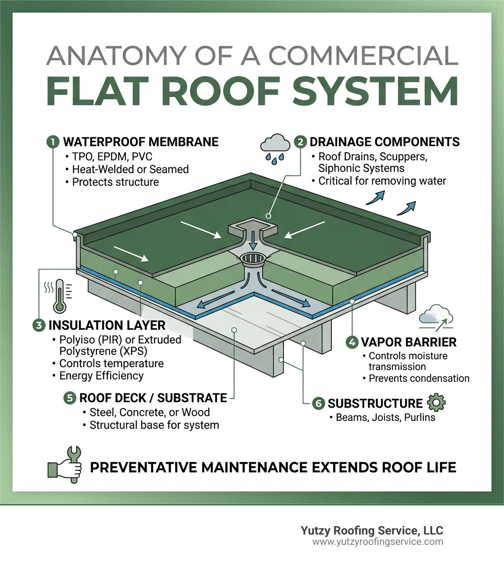 Layers of a commercial flat roof system showing membrane, insulation, and drainage components - flat commercial roof repair Layers of a commercial flat roof system showing membrane, insulation, and drainage components - flat commercial roof repair