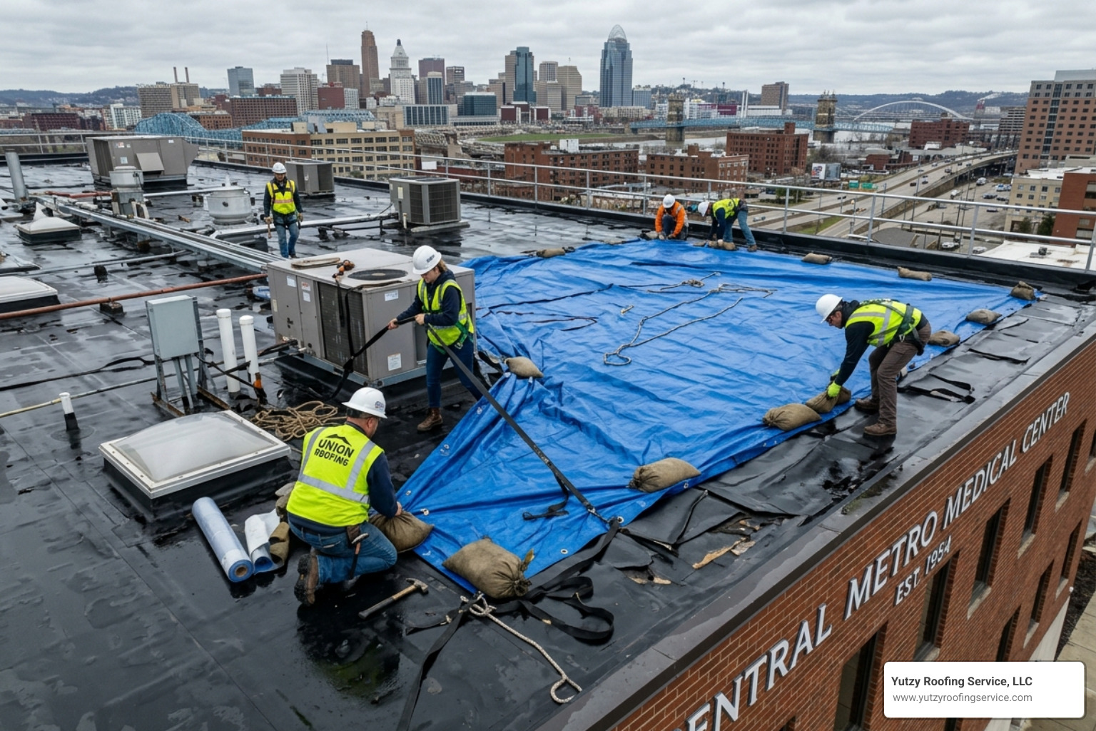 professional roof tarping on a large commercial flat roof - emergency roofing services professional roof tarping on a large commercial flat roof - emergency roofing services