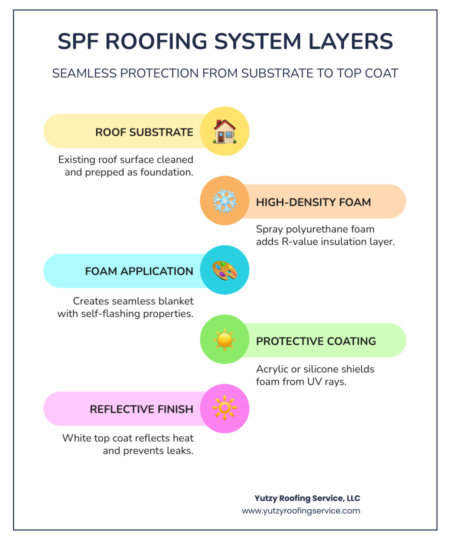 Infographic showing the layers of an SPF roofing system: substrate, foam, and Conklin top coat - conklin roof coatings Infographic showing the layers of an SPF roofing system: substrate, foam, and Conklin top coat - conklin roof coatings