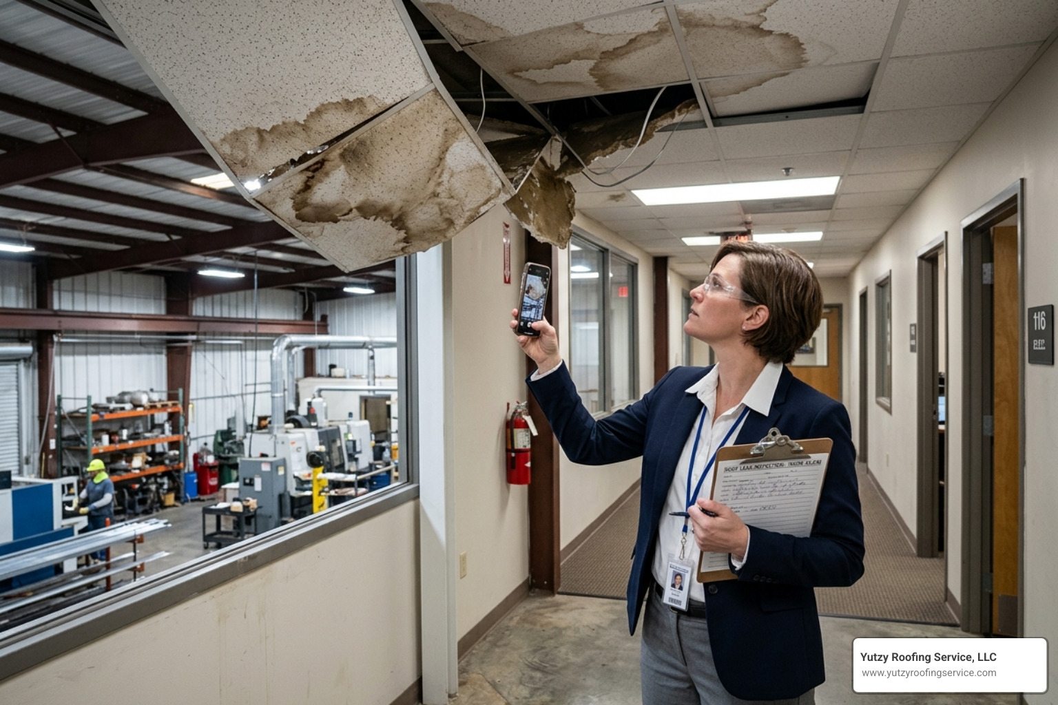 facility manager documenting commercial roof damage for insurance - emergency roofing services facility manager documenting commercial roof damage for insurance - emergency roofing services