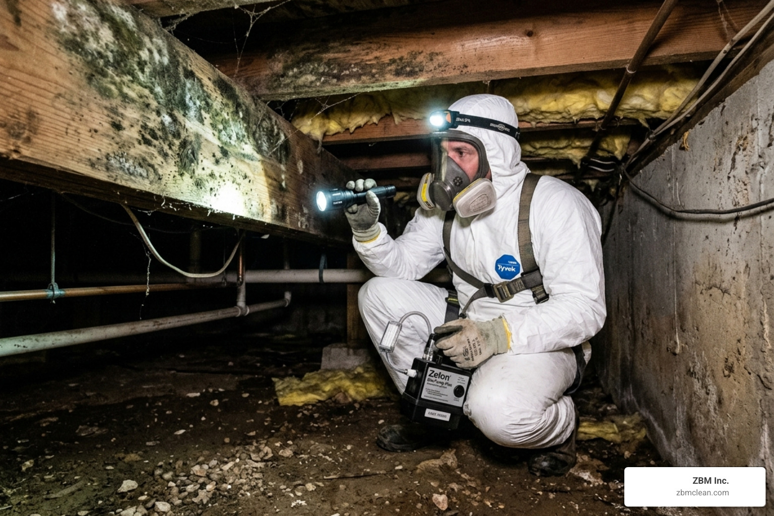 Professional mold inspection being conducted in a residential crawl space - mold abatement services Professional mold inspection being conducted in a residential crawl space - mold abatement services