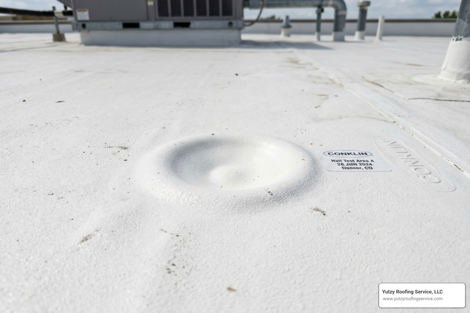Close-up of a hail impact test on a Conklin coated surface showing no cracks or punctures - conklin roof coatings Close-up of a hail impact test on a Conklin coated surface showing no cracks or punctures - conklin roof coatings