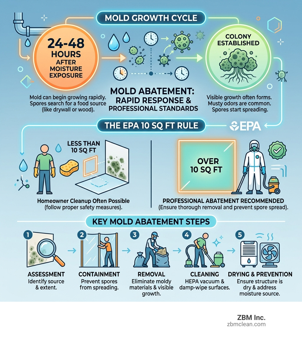 Infographic showing the 24-48 hour mold growth cycle, EPA 10 sq ft rule, and key mold abatement steps - mold abatement Infographic showing the 24-48 hour mold growth cycle, EPA 10 sq ft rule, and key mold abatement steps - mold abatement