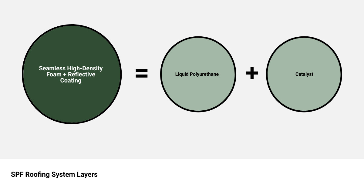 Layers of an SPF roofing system infographic showing foam base, protective coating, and UV reflective top layer - spray foam Layers of an SPF roofing system infographic showing foam base, protective coating, and UV reflective top layer - spray foam
