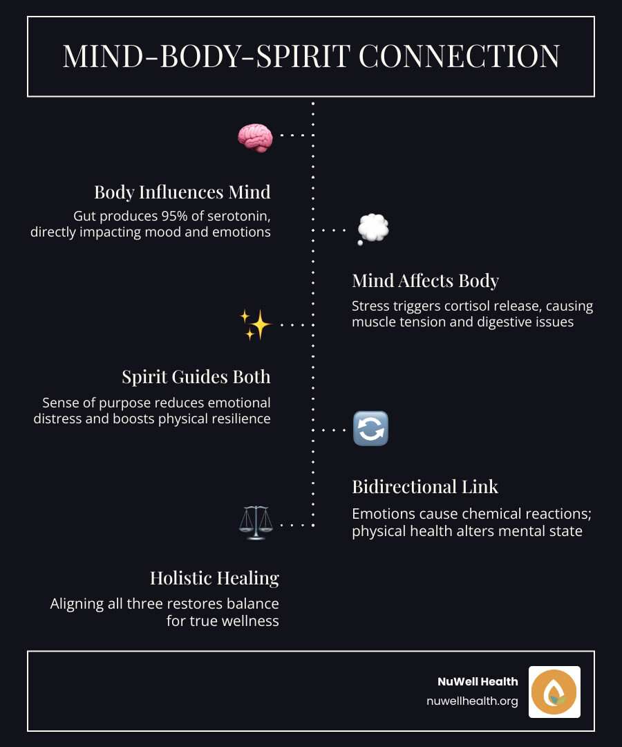 Mind-body-spirit connection infographic showing how body, mind, and spirit interact for holistic healing - healing body mind Mind-body-spirit connection infographic showing how body, mind, and spirit interact for holistic healing - healing body mind