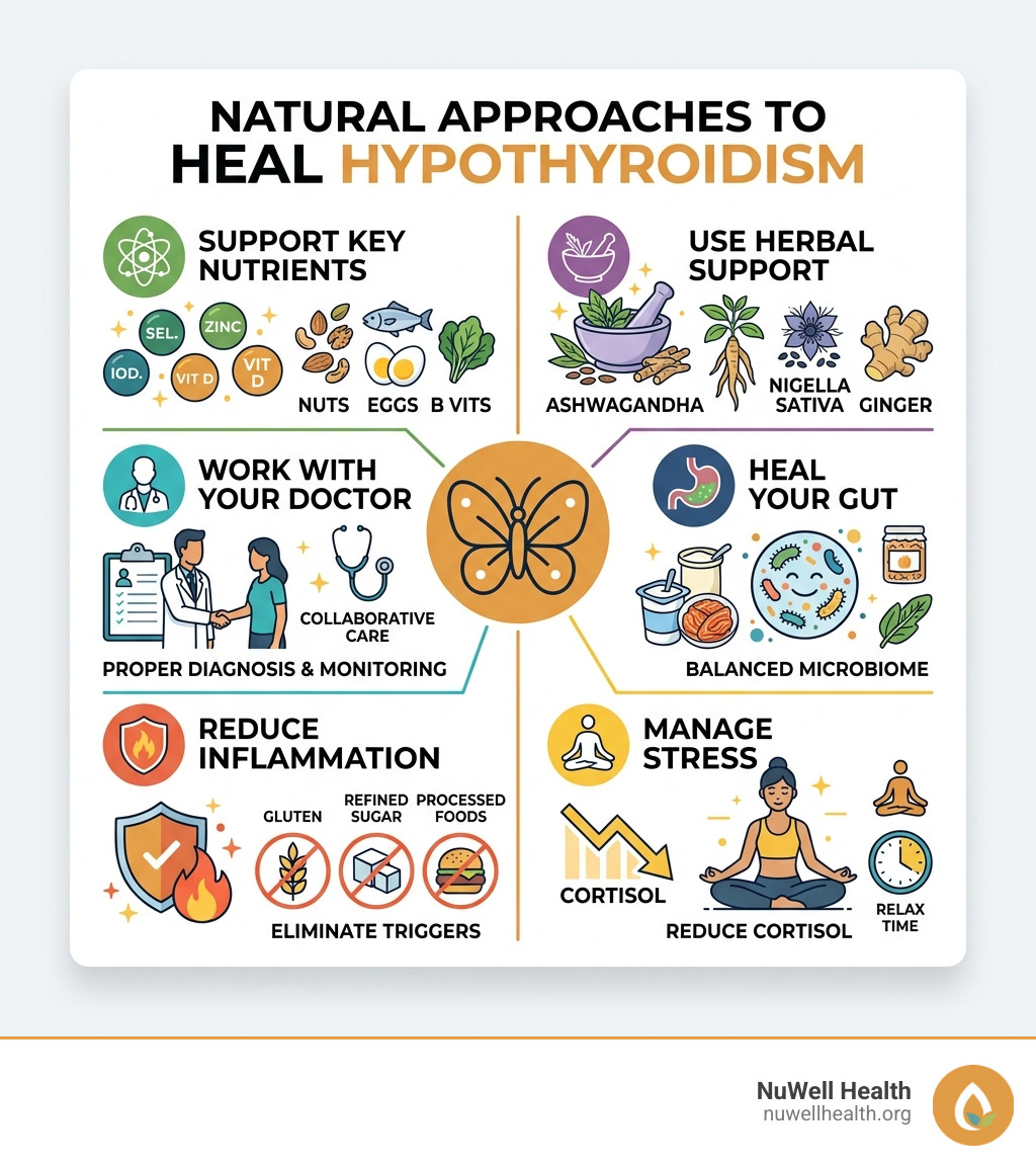 Infographic showing natural approaches to heal hypothyroidism: nutrients, herbs, gut health, stress, and lifestyle - heal