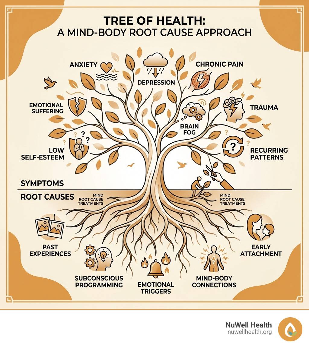 Tree of Health infographic showing roots as root causes and leaves as symptoms - mind root cause treatments infographic 