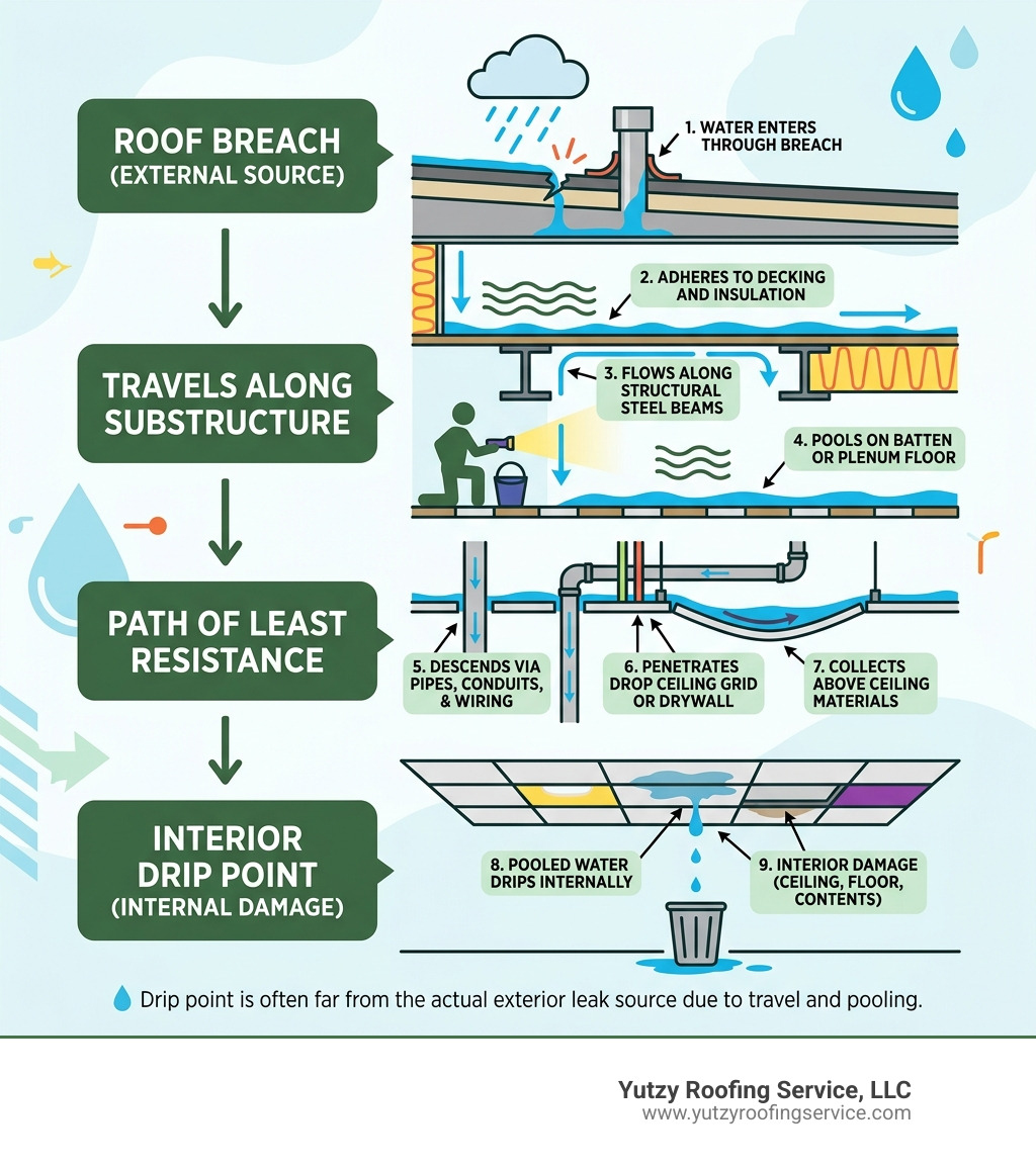 Step-by-step infographic: how water travels from roof breach to interior drip point in commercial buildings - how to fix a Step-by-step infographic: how water travels from roof breach to interior drip point in commercial buildings - how to fix a