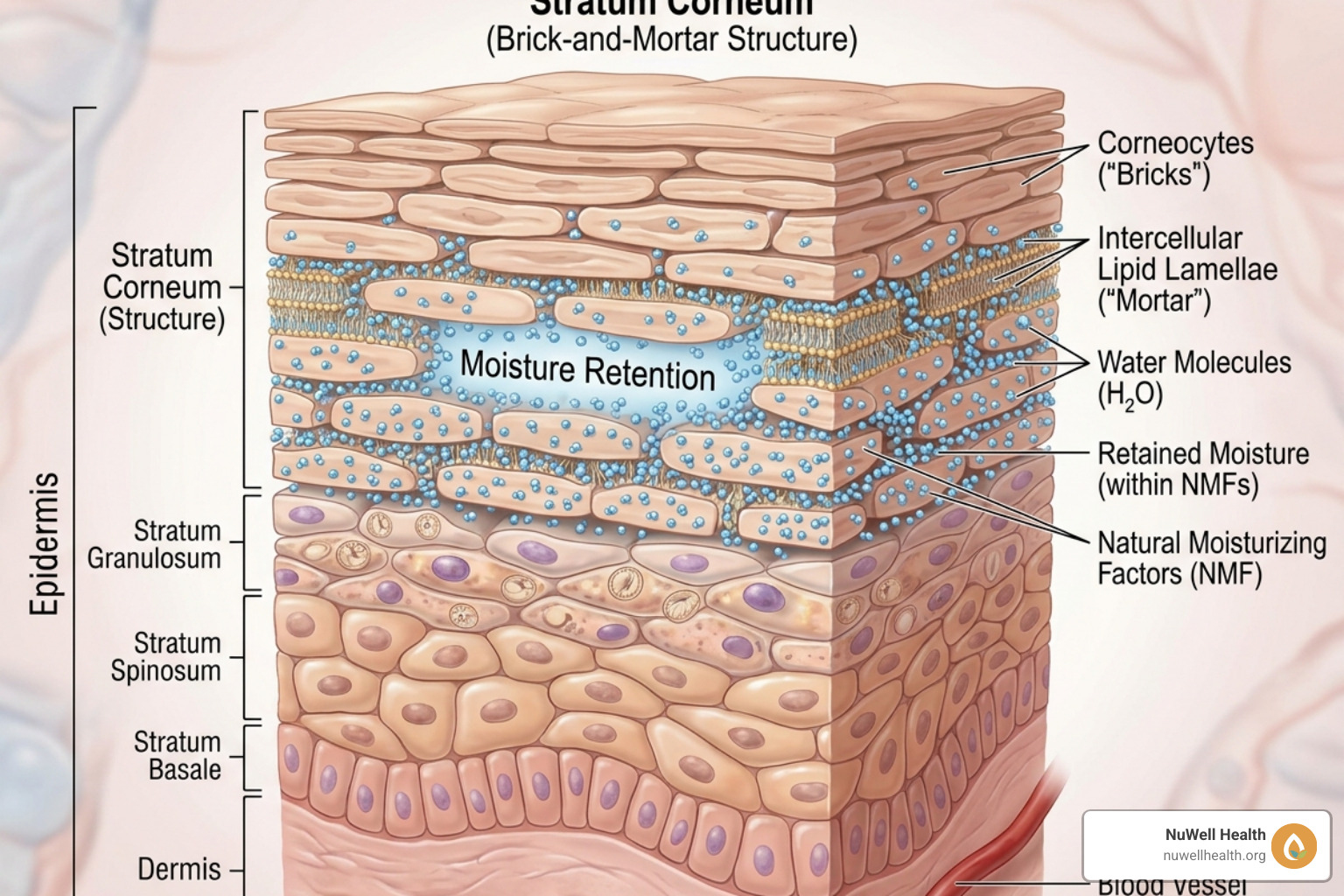 Illustration of the skin barrier structure showing the stratum corneum and moisture retention - natural treatments for eczema