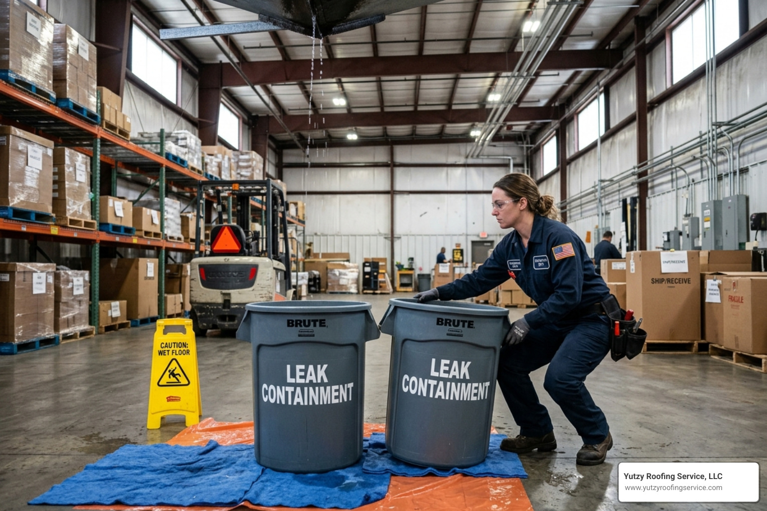 Maintenance worker placing industrial buckets under a commercial roof leak - how to fix a leaking roof from the inside Maintenance worker placing industrial buckets under a commercial roof leak - how to fix a leaking roof from the inside