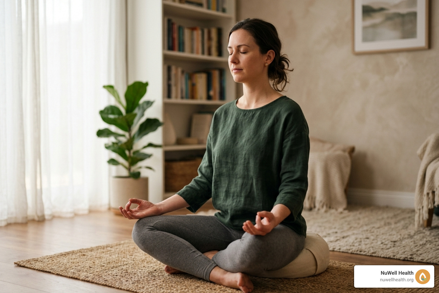 person practicing mindful breathing in a quiet room - Natural Health for Mental Health