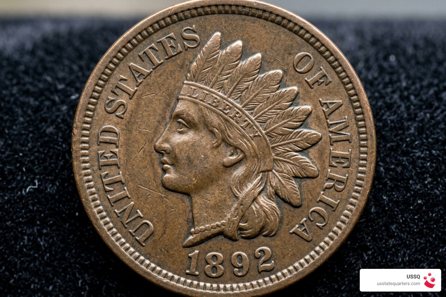 Obverse of 1892 Indian Head Penny highlighting Liberty in a Native American headdress and sharp feathered details - 1892