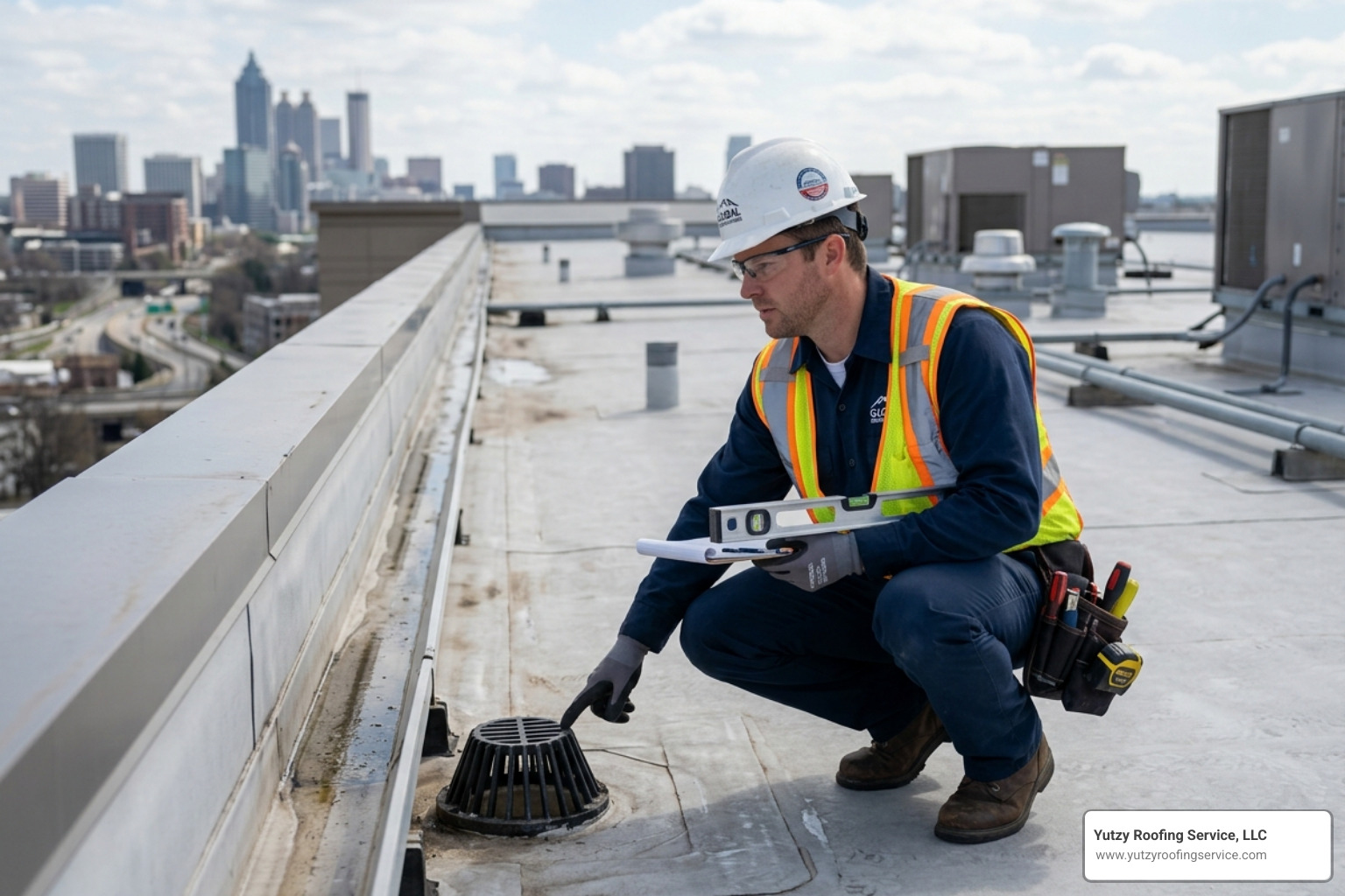 Commercial roof inspection in 2026 showing technician checking drainage slopes - epdm leak repair services Commercial roof inspection in 2026 showing technician checking drainage slopes - epdm leak repair services